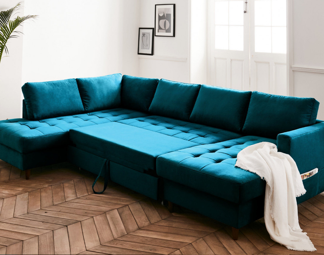 Canapé panoramique d'angle gauche 7 places convertible avec coffre en velours Anna