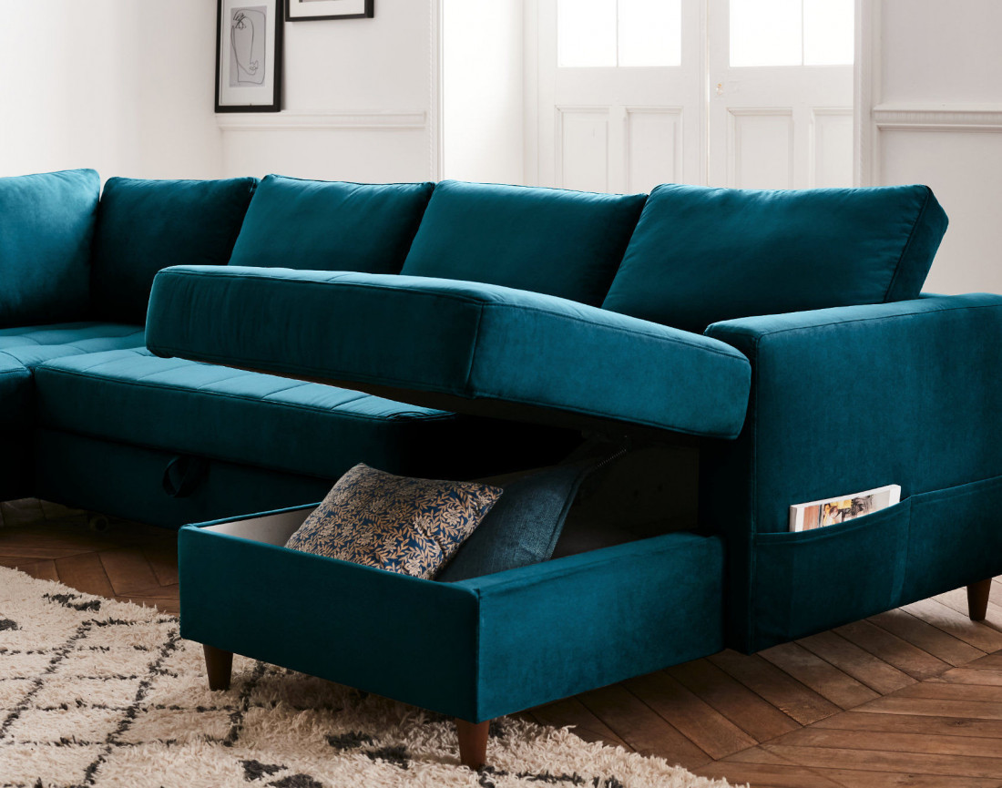 Canapé panoramique d'angle gauche 7 places convertible avec coffre en velours Anna