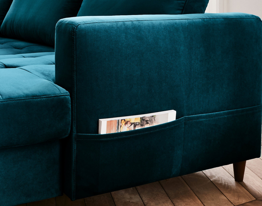 Canapé panoramique d'angle gauche 7 places convertible avec coffre en velours Anna