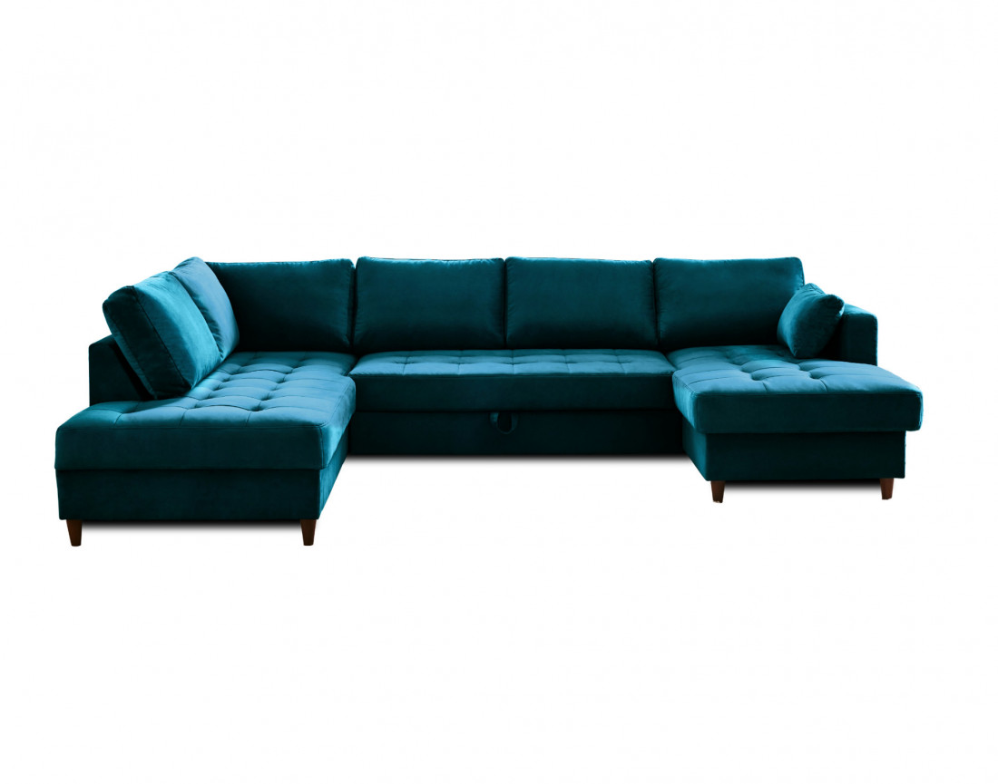 Canapé panoramique d'angle gauche 7 places convertible avec coffre en velours Anna