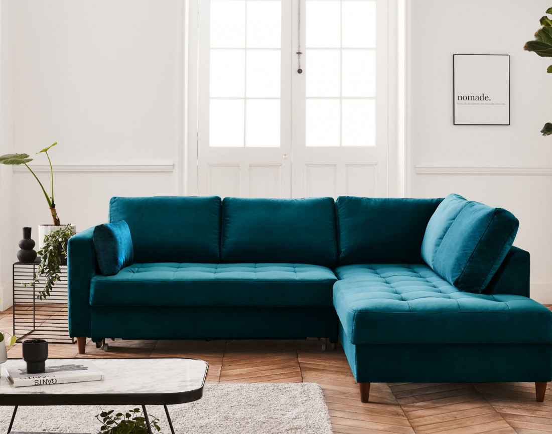 Canapé d'angle droit 5 places convertible en velours Anna