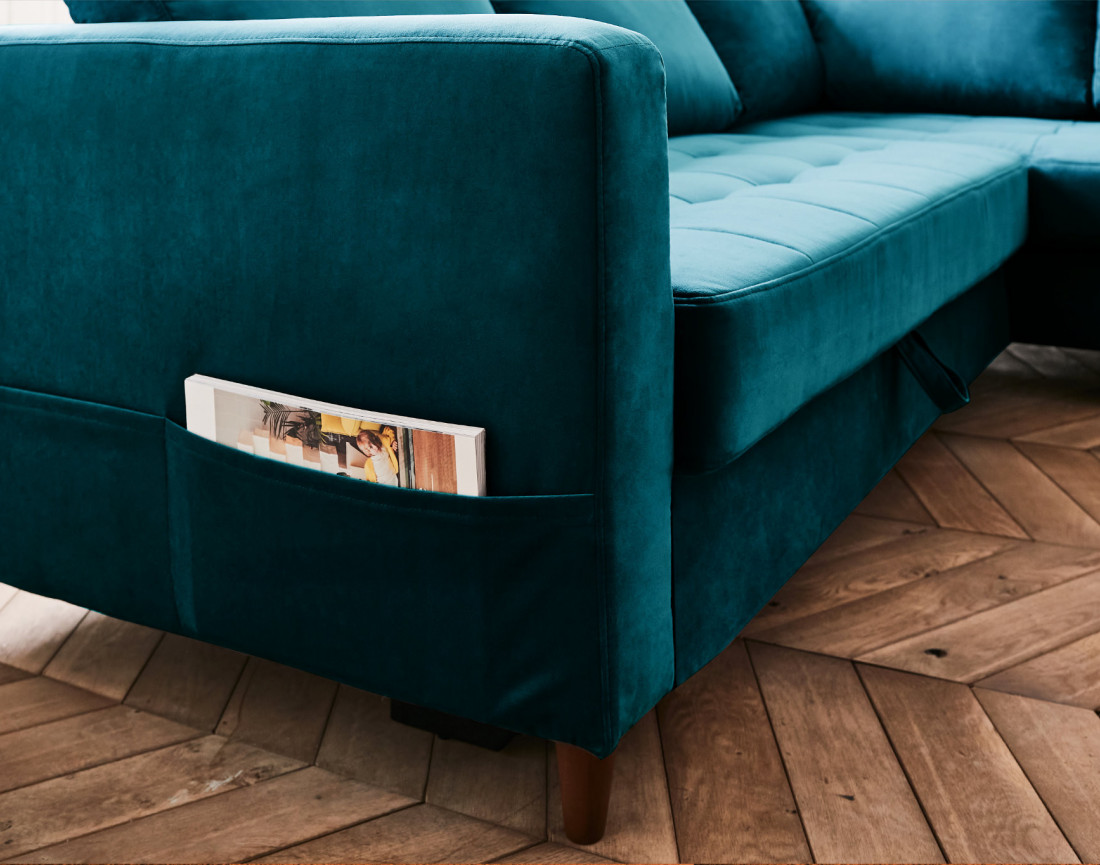 Canapé d'angle droit 5 places convertible en velours Anna