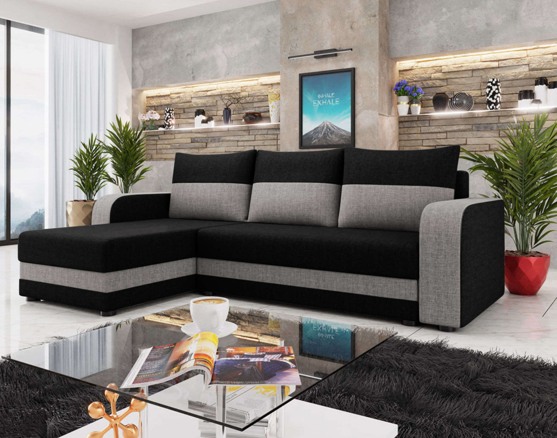 Canapé d'angle réversible 4 places convertible avec coffre en tissu bicolore Harvey
