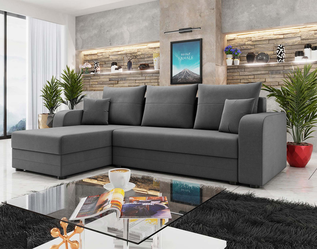 Harvey - canapé d'angle 4 places réversible convertible avec coffre en velours - style contemporain