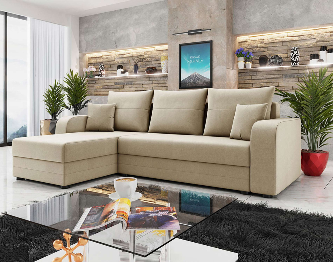 Harvey - canapé d'angle 4 places réversible convertible avec coffre en velours - style contemporain