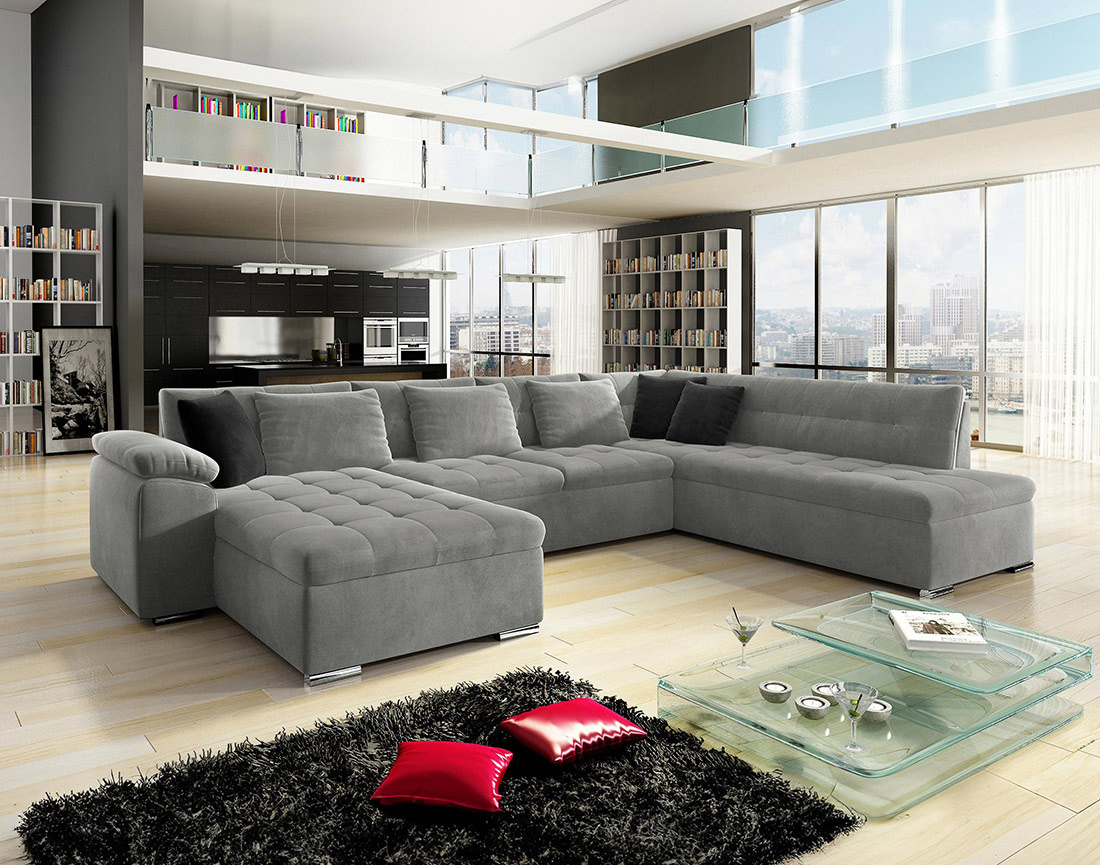 Chuck – canapé panoramique d'angle droit convertible avec coffre au style contemporain