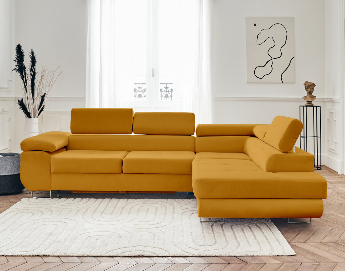 Pablo - canapé d'angle droit en velours convertible avec coffre et têtières réglables 5 places - style contemporain
