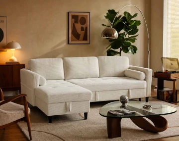 Canapé MARCEAU d'angle réversible 4 places convertible avec coffre en velours côtelé | Best Mobilier
