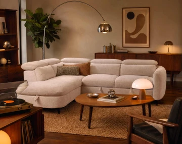Canapé d'angle gauche 5 places convertible avec têtières et coffre en tissu texturé Opaline