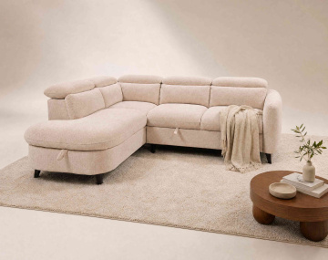 Canapé d'angle gauche 5 places convertible avec têtières et coffre en tissu texturé Opaline
