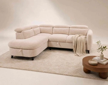 Canapé d'angle gauche 5 places convertible avec têtières et coffre en tissu texturé Opaline