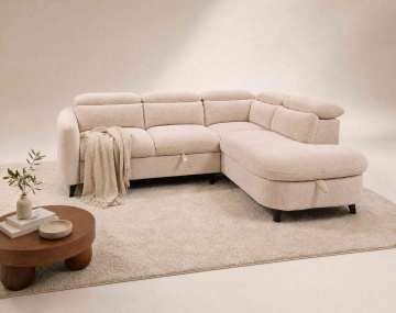 Canapé d'angle droit 5 places convertible avec têtières et coffre en tissu texturé Opaline