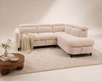 Canapé d'angle droit 5 places convertible avec têtières et coffre en tissu texturé Opaline