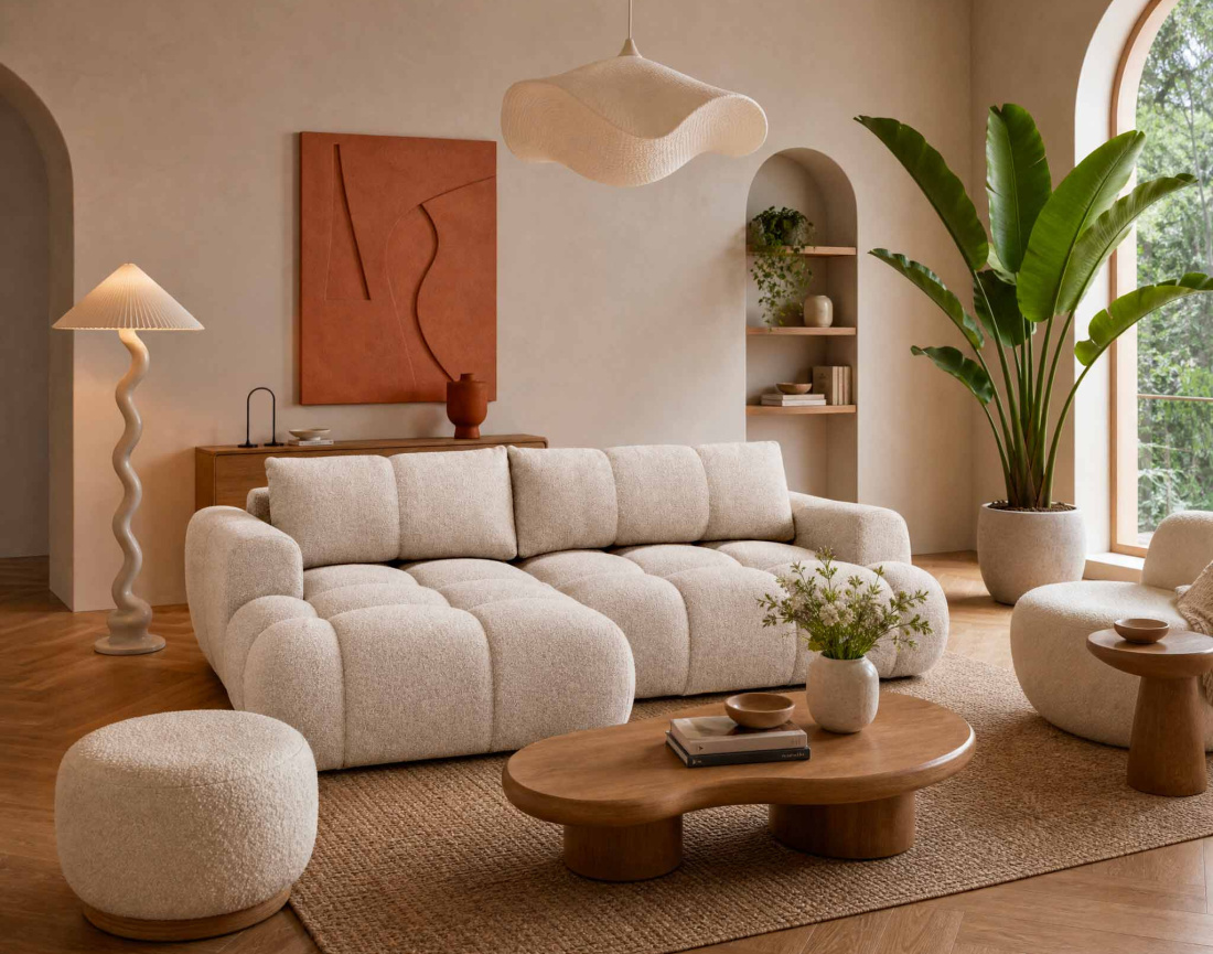 Canapé YULIN d'angle 4 places convertible en tissu bouclette - Best Mobilier