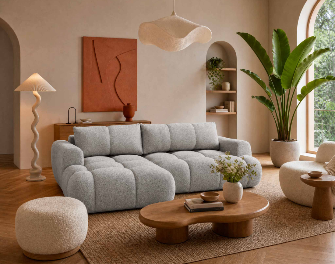 Canapé YULIN d'angle 4 places convertible en tissu bouclette - Best Mobilier