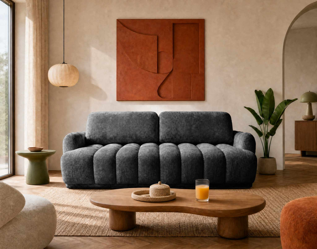 Canapé droit SILVIA 3 places convertible avec coffrre en tissu bouclette | Best Mobilier