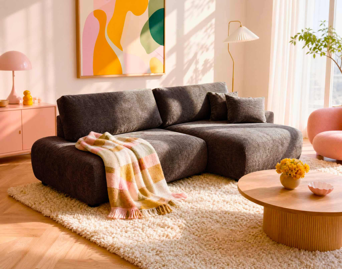 Canapé PIVOINE d'angle ouvert droit 4 places convertible coffre tissu texturé| Best Mobilier