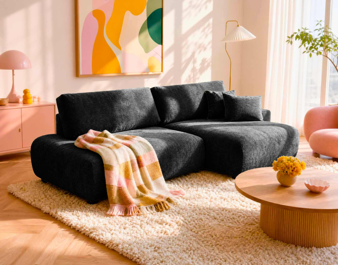 Canapé PIVOINE d'angle ouvert droit 4 places convertible coffre tissu texturé| Best Mobilier