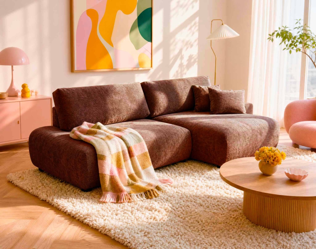 Canapé PIVOINE d'angle ouvert droit 4 places convertible coffre tissu texturé| Best Mobilier