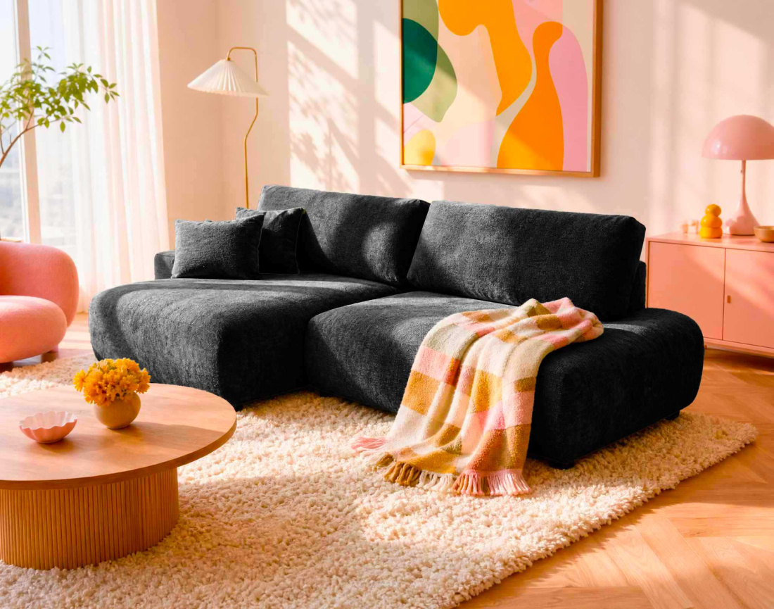 Canapé PIVOINE d'angle ouvert gauche 4 places convertible coffre tissu texturé | Best Mobilier