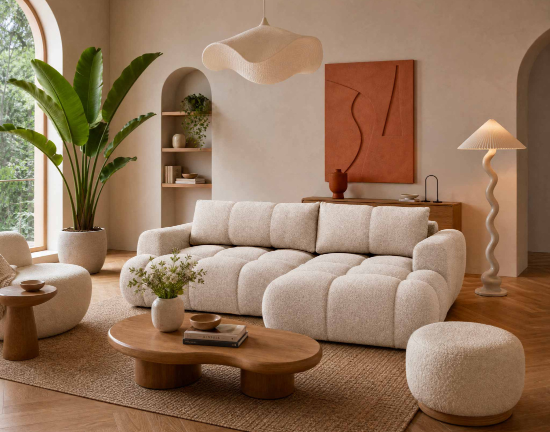 Canapé YULIN d'angle droit 4 places convertible avec coffre en tissu bouclette Yulin - Best Mobilier