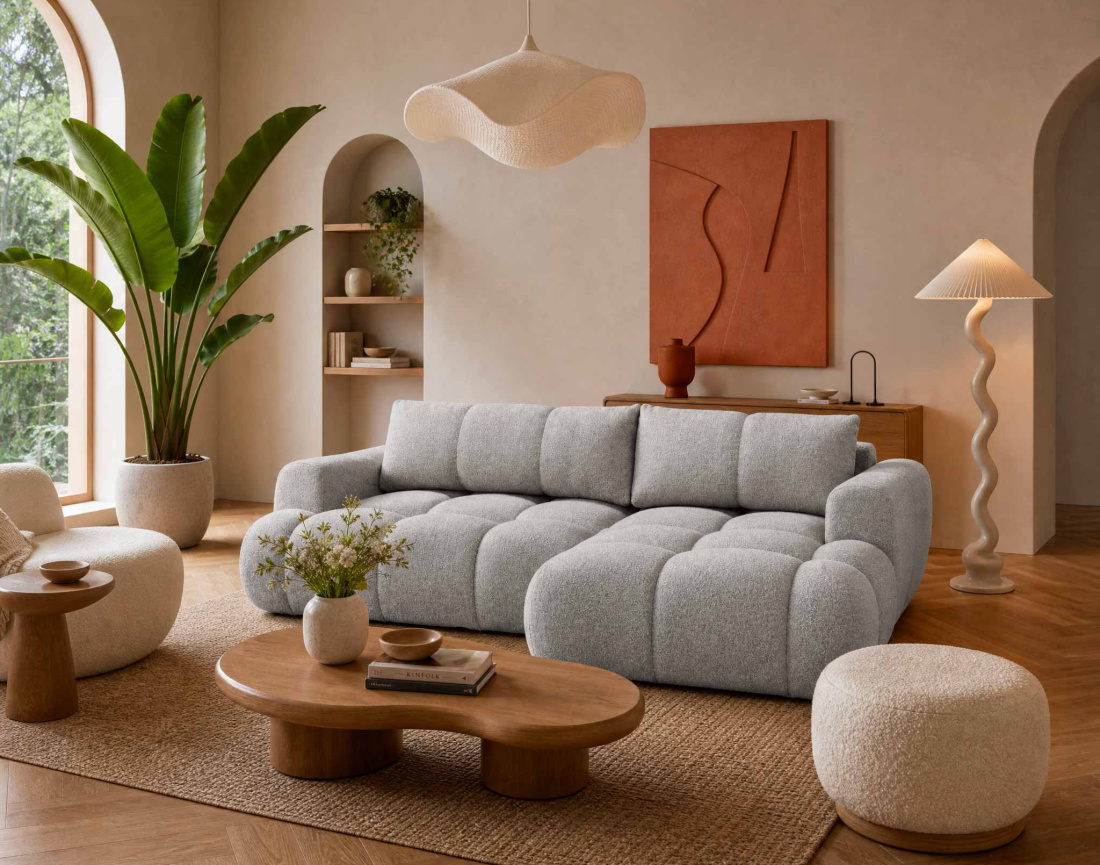 Canapé YULIN d'angle droit 4 places convertible avec coffre en tissu bouclette Yulin - Best Mobilier