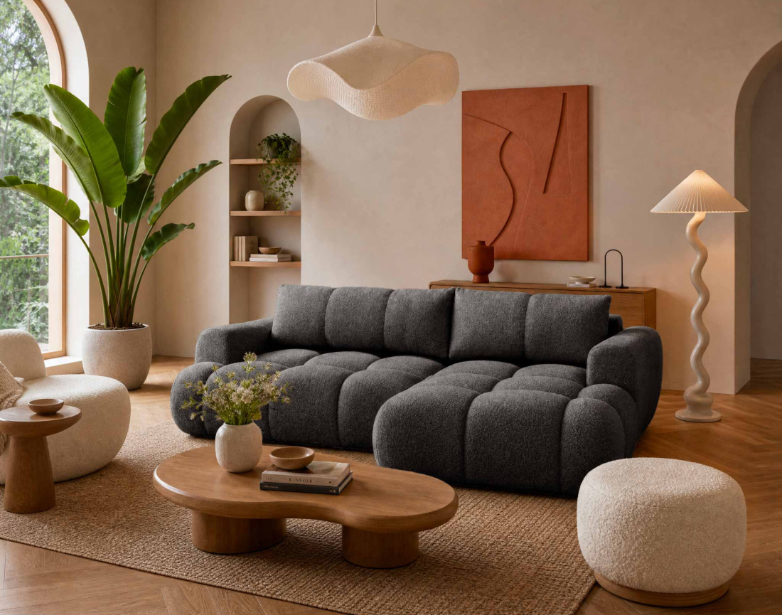 Canapé YULIN d'angle droit 4 places convertible avec coffre en tissu bouclette Yulin - Best Mobilier