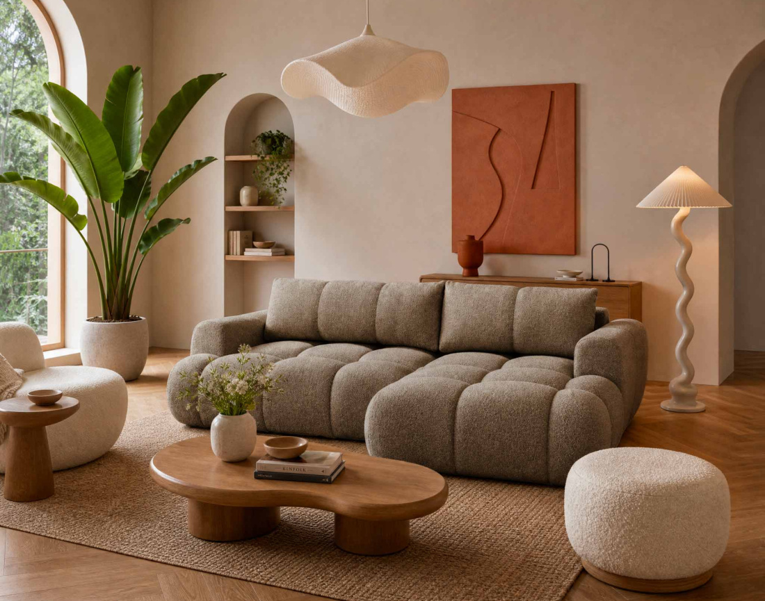 Canapé YULIN d'angle droit 4 places convertible avec coffre en tissu bouclette Yulin - Best Mobilier