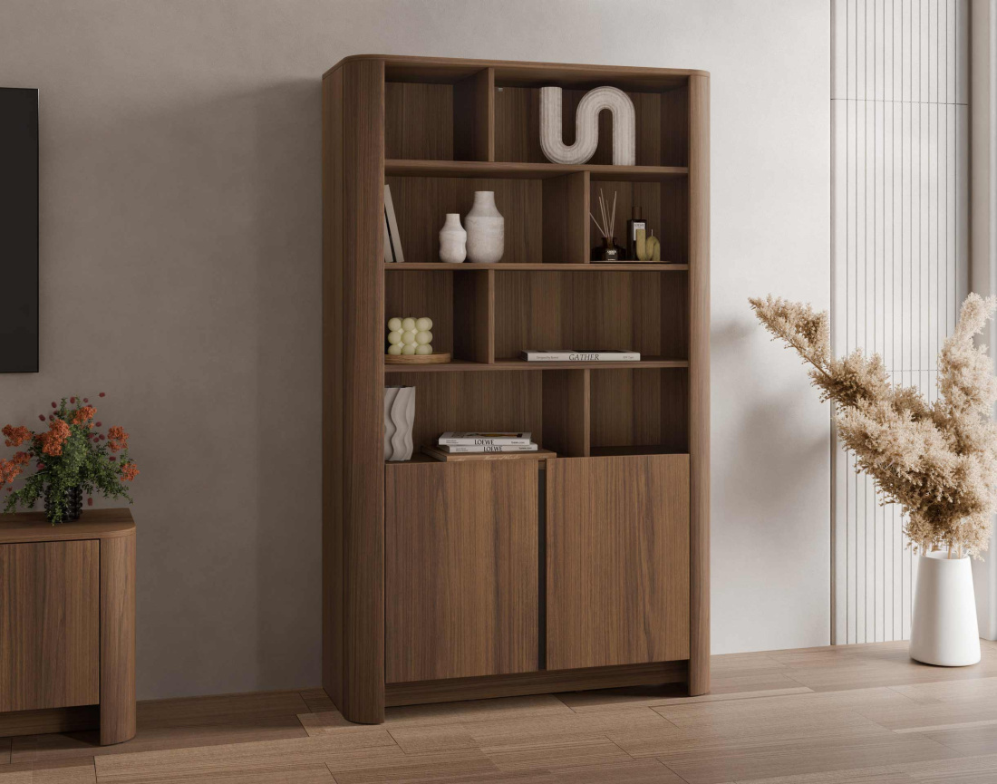 Bibliothèque YOURI H170 cm effet noyer 2 portes | Best Mobilier