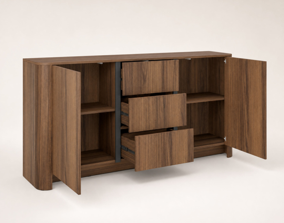 Buffet bas  YOURI 168 cm effet noyer 2 portes et 3 tiroirs | Best Mobilier