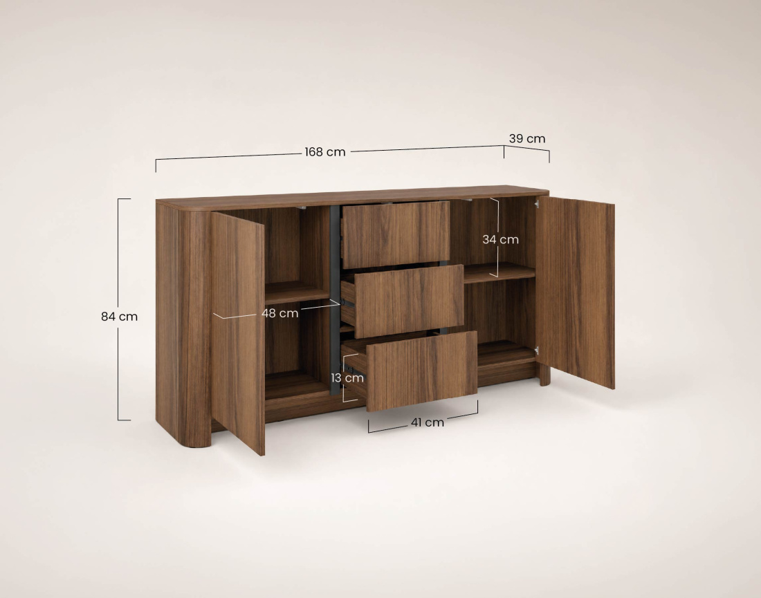 Buffet bas  YOURI 168 cm effet noyer 2 portes et 3 tiroirs | Best Mobilier