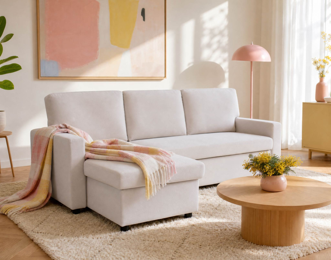 Canapé MEIYA d’angle 4 places en tissu convertible avec coffre | Best Mobilier