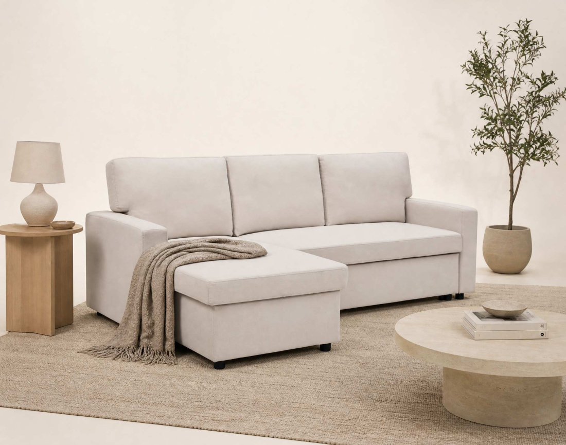 Canapé MEIYA d’angle 4 places en tissu convertible avec coffre | Best Mobilier
