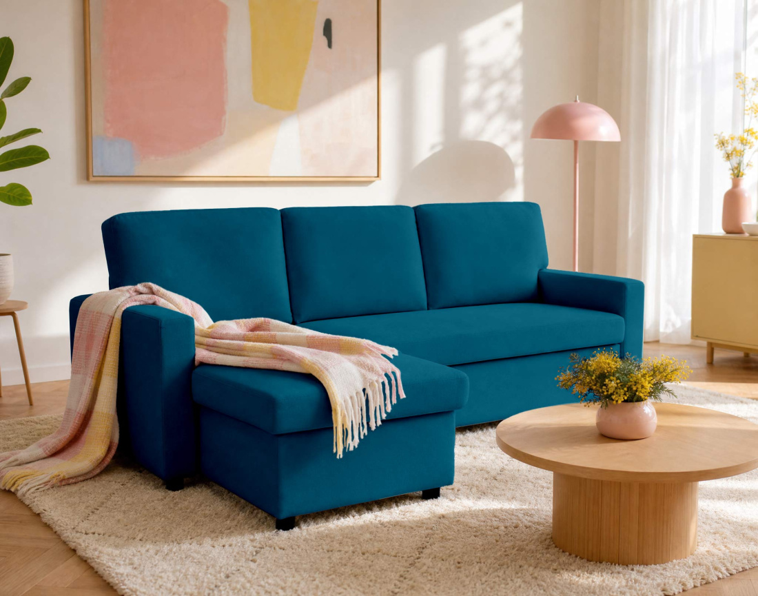 Canapé MEIYA d’angle 4 places en tissu convertible avec coffre | Best Mobilier
