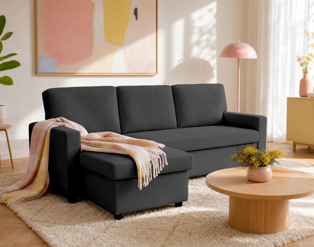 Canapé MEIYA d’angle 4 places en tissu convertible avec coffre | Best Mobilier