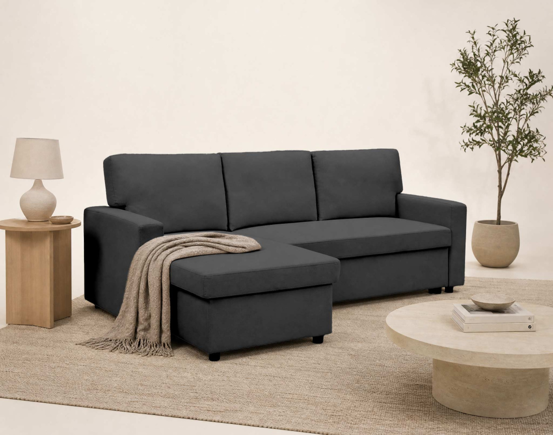 Canapé MEIYA d’angle 4 places en tissu convertible avec coffre | Best Mobilier