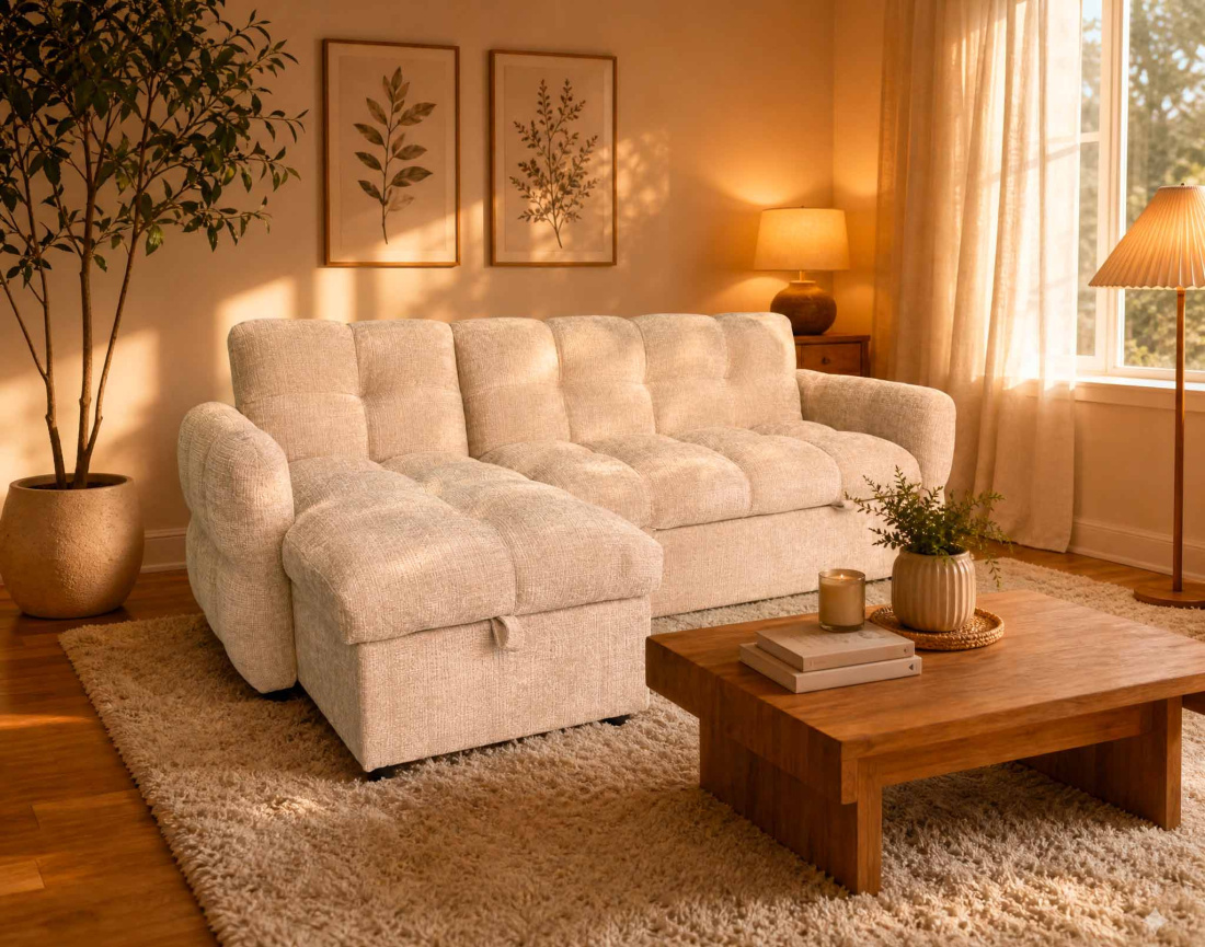 Canapé OCTAVE d'angle réversible 4 places convertible avec coffre en velours texturé | Best Mobilier