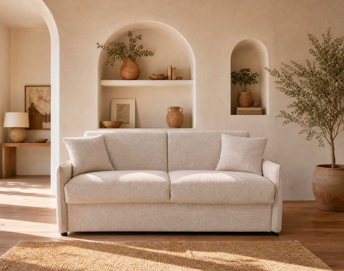 Canapé 3 places convertible express couchage quotidien 140 cm matelas 14 cm en tissu texturé Adele