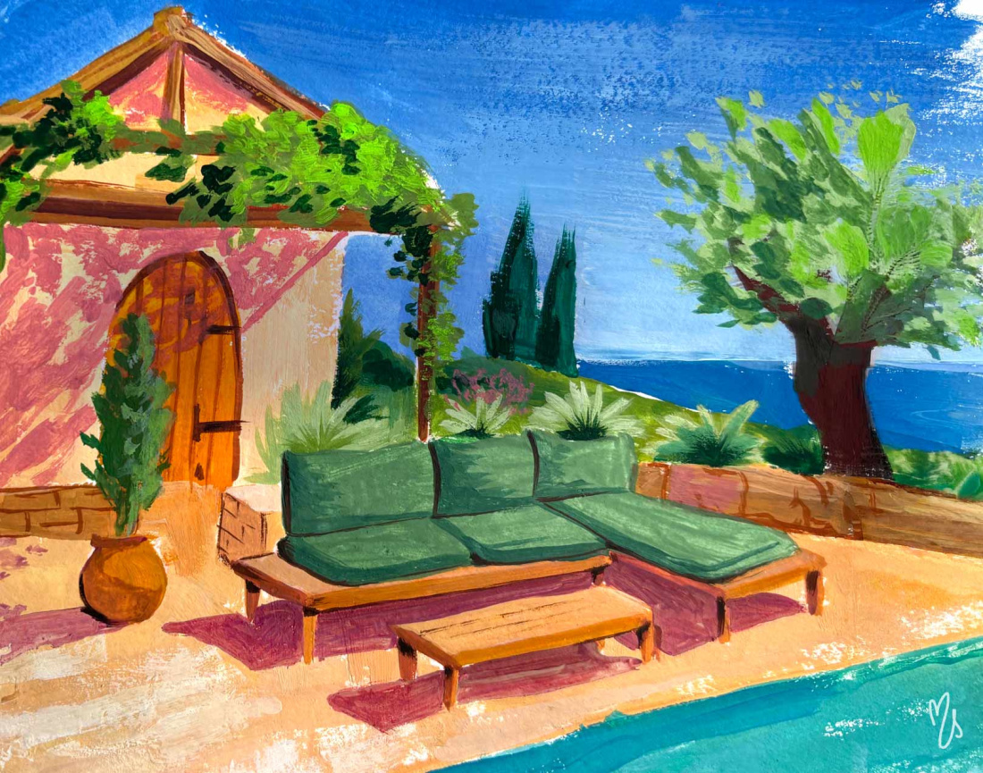 Salon bas de jardin avec coussins vert 4 places + table en bois d'acacia FSC® 100% Papeete