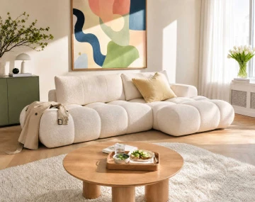 Canapé YULIN d'angle ouvert droit 4 places convertible coffre tissu bouclette | Best Mobilier