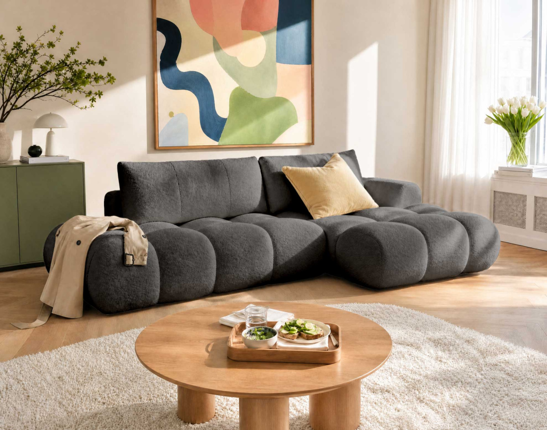 Canapé YULIN d'angle ouvert droit 4 places convertible coffre tissu bouclette | Best Mobilier