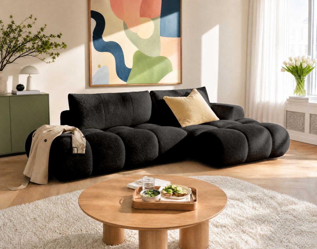 Canapé YULIN d'angle ouvert droit 4 places convertible coffre tissu bouclette | Best Mobilier