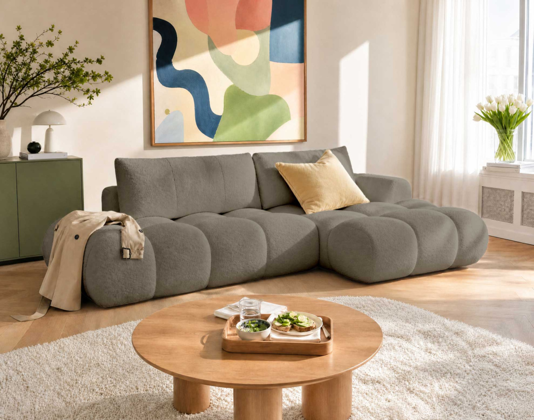 Canapé YULIN d'angle ouvert droit 4 places convertible coffre tissu bouclette | Best Mobilier