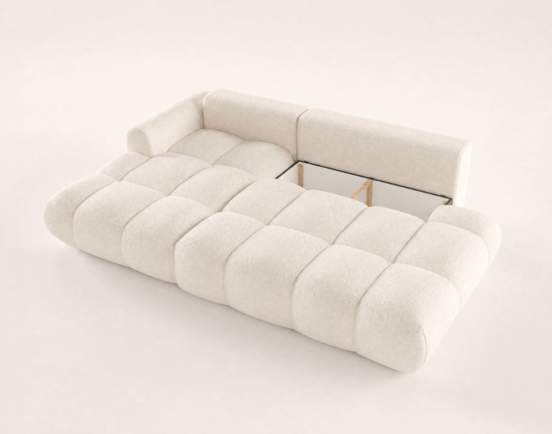Canapé YULIN d'angle ouvert gauche 4 places convertible avec coffre en tissu bouclette