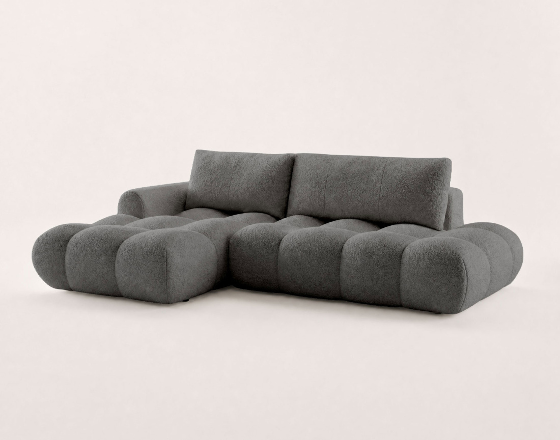 Canapé YULIN d'angle ouvert gauche 4 places convertible avec coffre en tissu bouclette