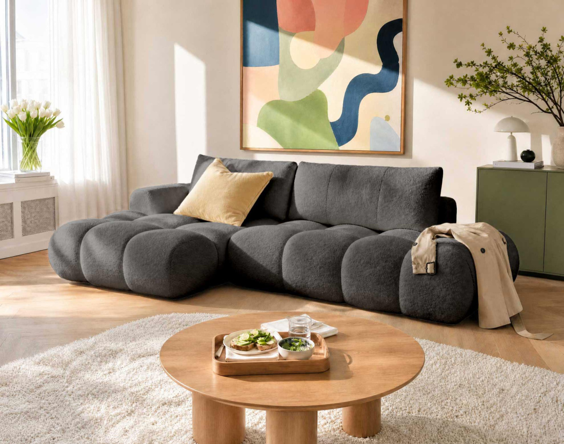 Canapé YULIN d'angle ouvert gauche 4 places convertible avec coffre en tissu bouclette