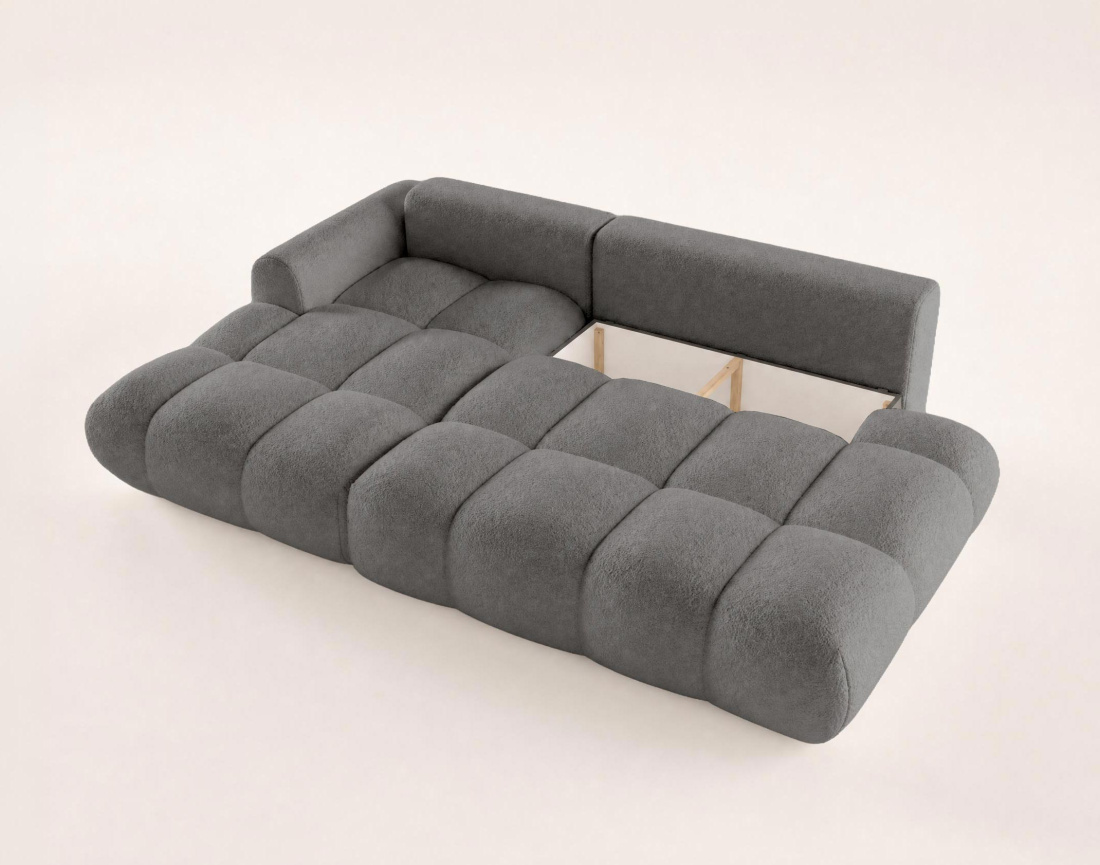 Canapé YULIN d'angle ouvert gauche 4 places convertible avec coffre en tissu bouclette