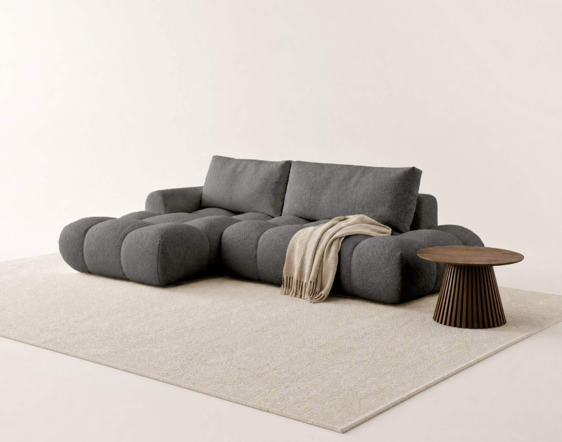 Canapé YULIN d'angle ouvert gauche 4 places convertible avec coffre en tissu bouclette