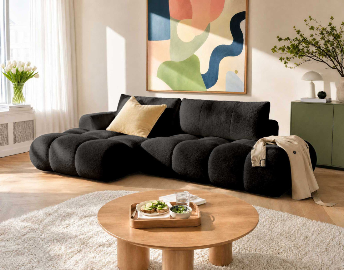 Canapé YULIN d'angle ouvert gauche 4 places convertible avec coffre en tissu bouclette