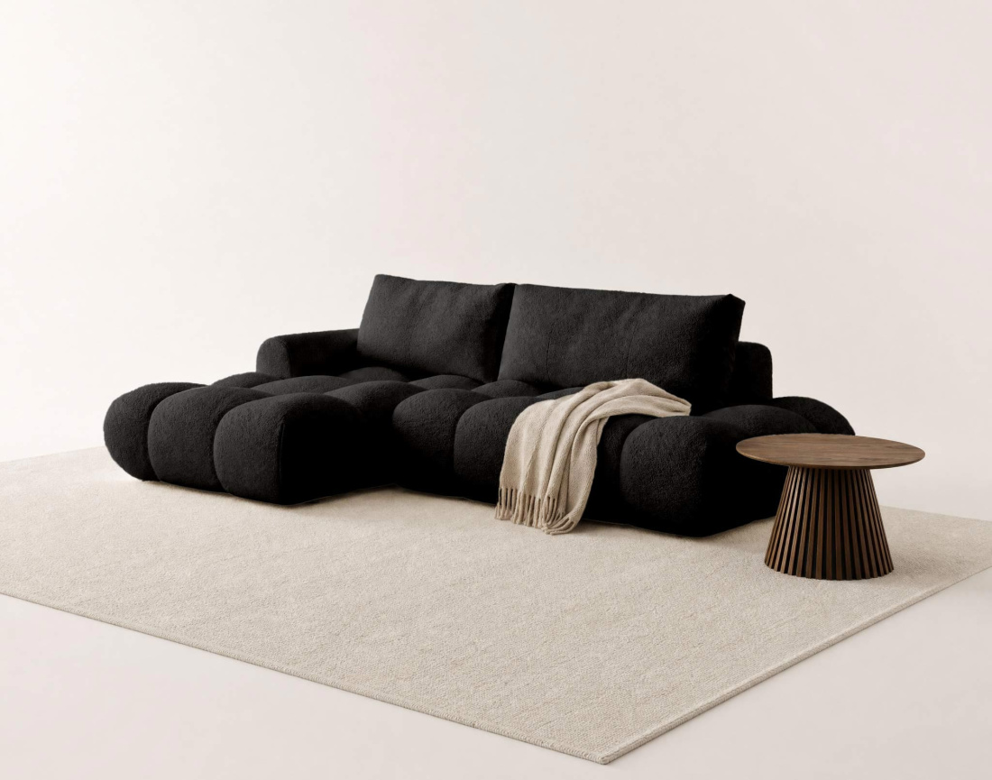 Canapé YULIN d'angle ouvert gauche 4 places convertible avec coffre en tissu bouclette